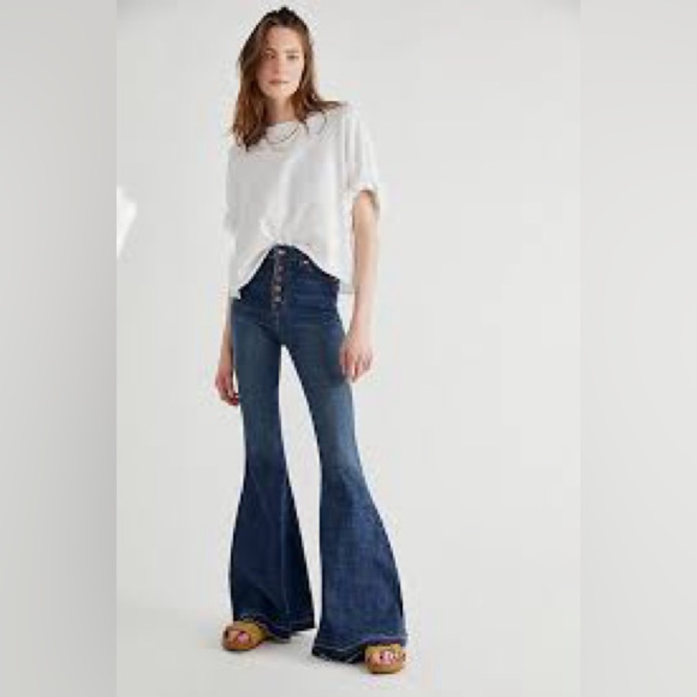 FREE PEOPLE FP Irreplaceable Super High-Waisted Flare-Leg Denim Jeans Boho Chic